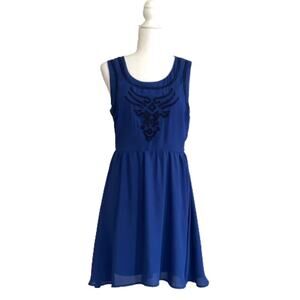 Alya Mini Dress Royal Blue Black Embroidery Sleeveless Fit & Flare Dress Medium